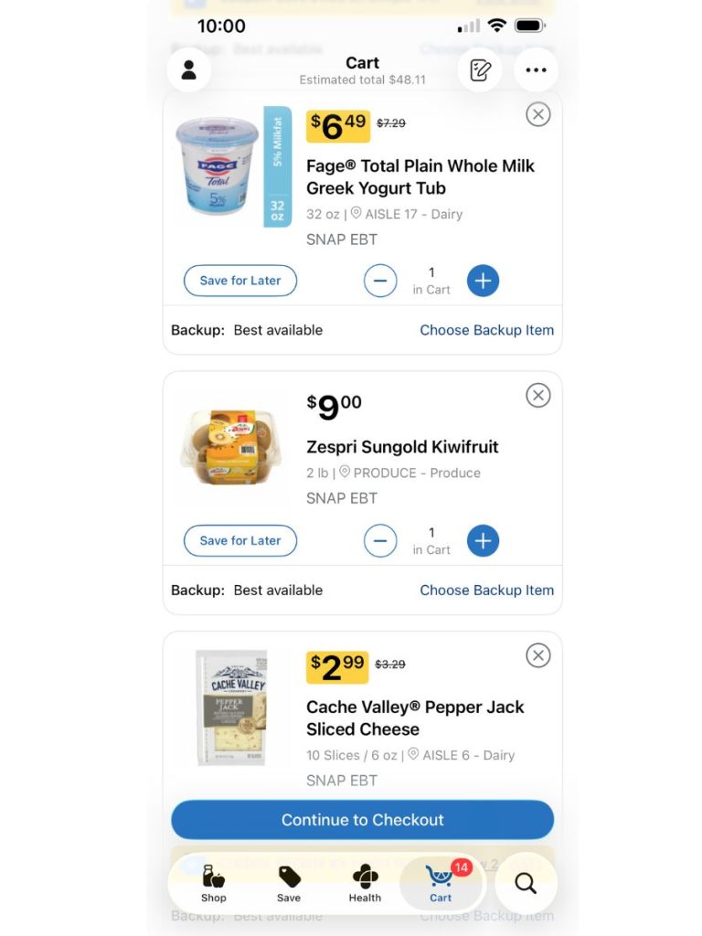 grocery cart in the grocery store app
