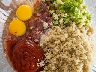 raw liver, eggs, ketchup, garlic, in glass bowl