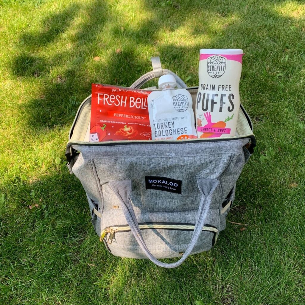 organic baby food and snacks in a diaper bag out on the lawn