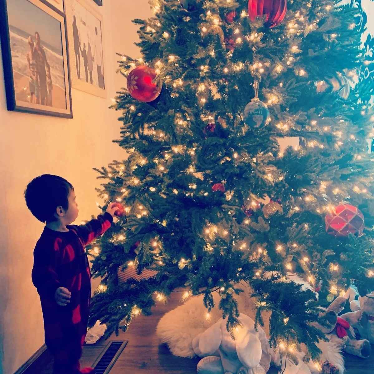 Little boy standing by a Christmas tree
