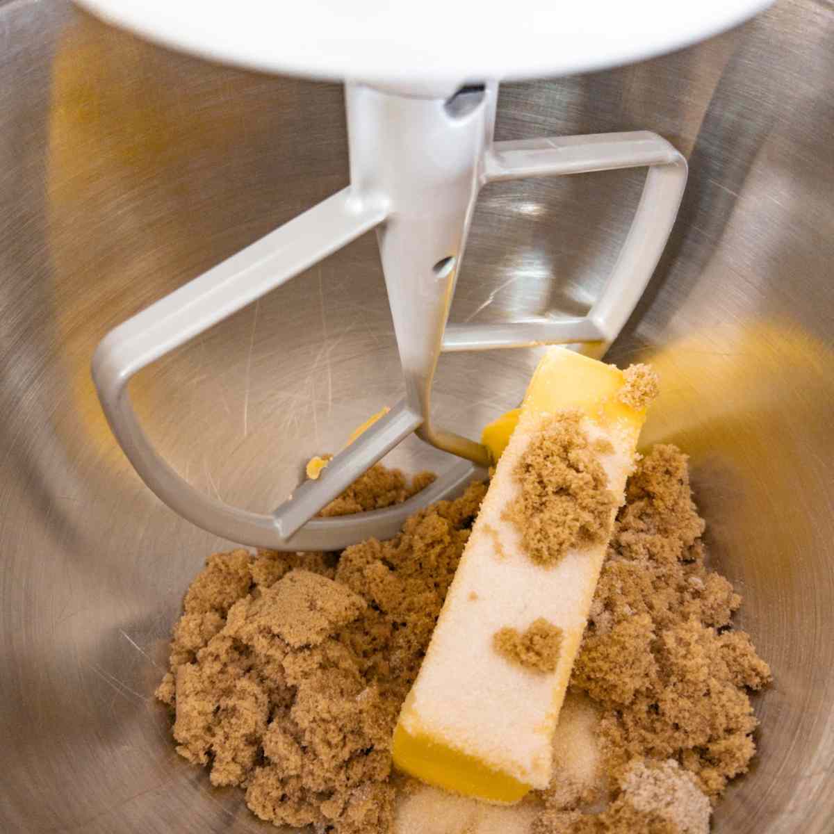 einkorn chocolate chip cookies ingredients in a kitchenmaid mixer