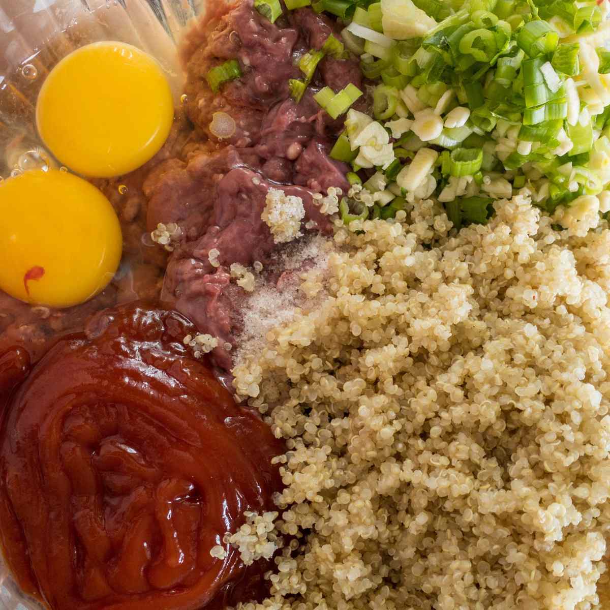 meatloaf with liver ingredients: eggs, prepared quinoa, ketchup, salt and pepper, garlic, green onions