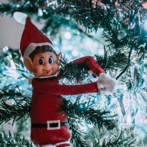 elf on the shelf hiding in a christmas tree
